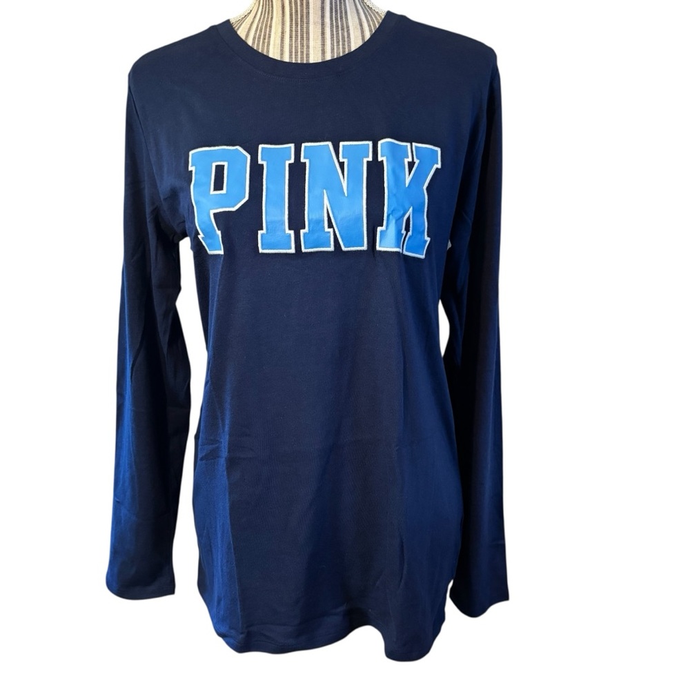 NWT Victoria's Secret PINK Campus Tee Medium Navy Blue Long Sleeve Lt Blue Logo